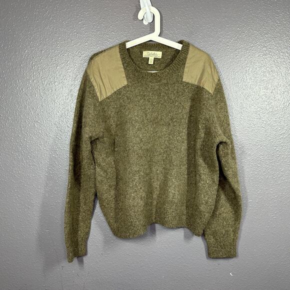 Cabelas Sweater Mens Large Green Wool Blend Shoulder Hunting Patch Long Sleeve - Picture 1 of 6